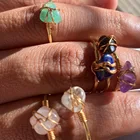 Gold Plated Stone Rings 18K Gold Plated Healing Crystal Stone Wire Beads Geometric Rings Finger Jewelry Set