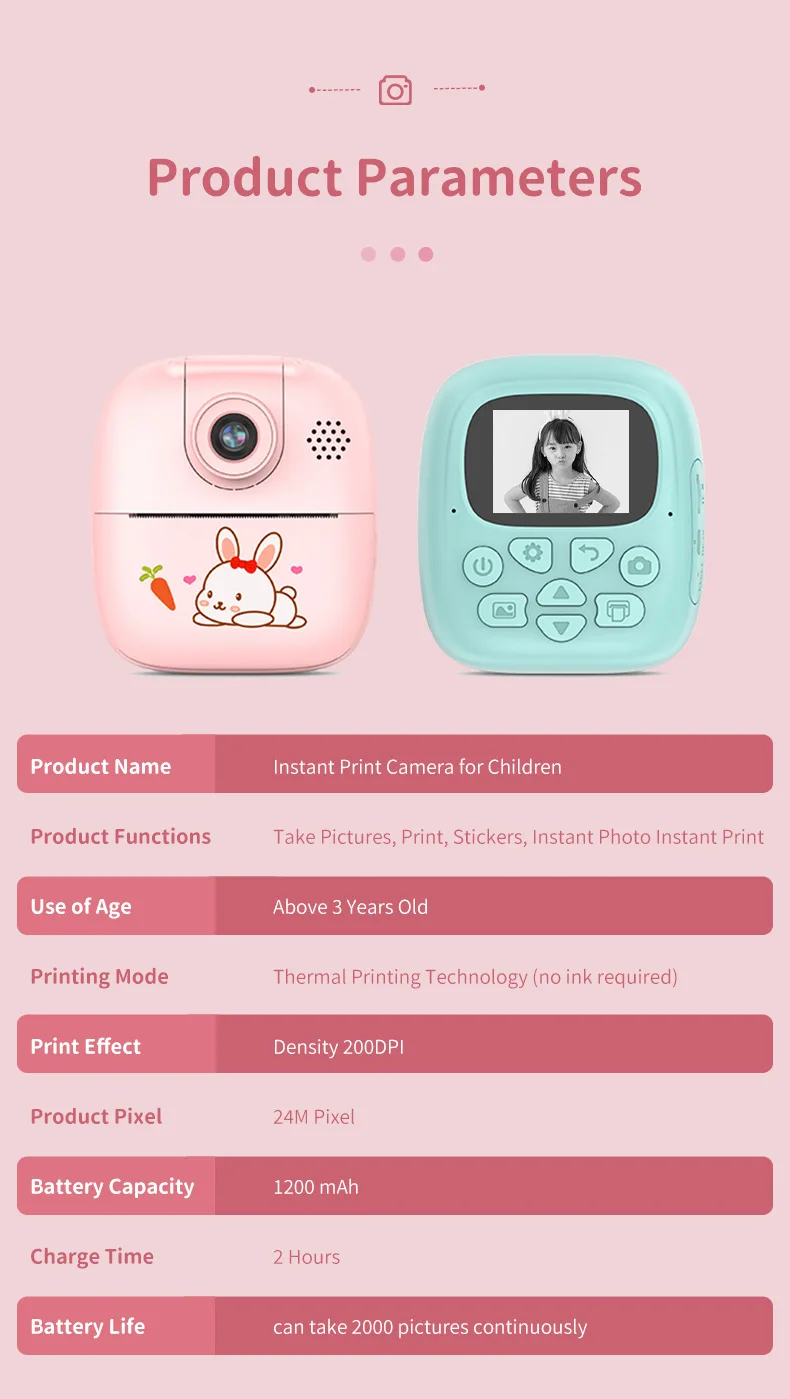 Instant Print Camera for Kids Christmas Birthday Gift Girls Boys HD Digital Video Portable Toy Age 3 4 5 6 7 8 9 10 with SD Card