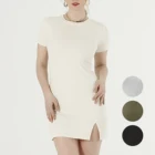 Shirt Dress Dress Women Casual Short Sleeve Round Neck Rib Elegant New Arrivals Fashion Bodycon Slit T Shirt Dress
