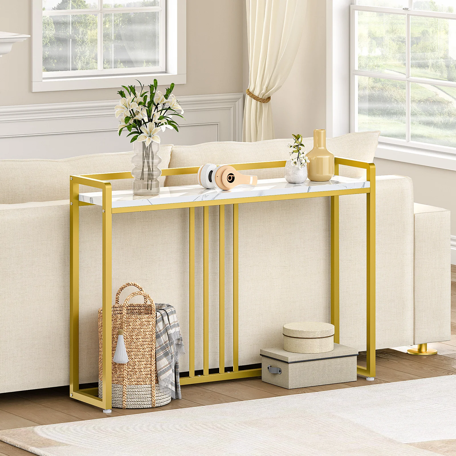 Wholesale Modern White and Gold Narrow Console Table Sofa Table with Marble Veined Table Top Metal Frame for Foyer Living Room