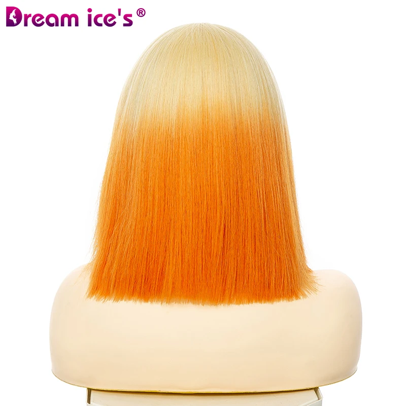 Dream Ice's Natural Straight Front Lace Wig Fashion Ombre Light Blonde Orange Synthetic Bob Hair Wigs Cosplay Lace Frontal Wigs