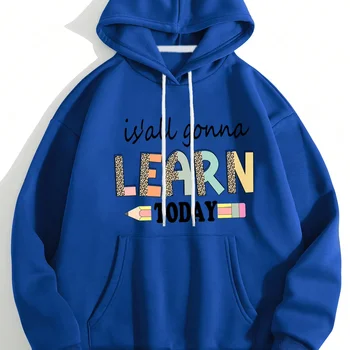 Fun learning monogram hoodie, women's casual loose-fitting sweatshirt for outdoor fitness and daily work wear