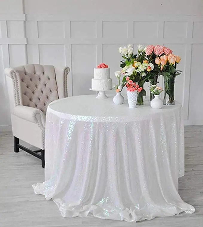 Best Sale Sparkling Iridescent White Sequin Tablecloth for Wedding Event