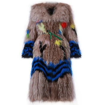Printed Knitted Fur Coat Women Turn-Donw Collar Long Real Fox Fur Coat For Ladies