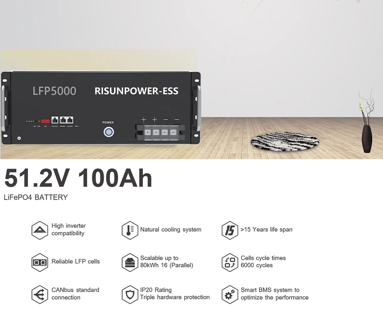 RisunPower 5.12kWh Residential Home Power Lithium battery LiFePO4 48V 100AH lithium ion batteries tower energy storage