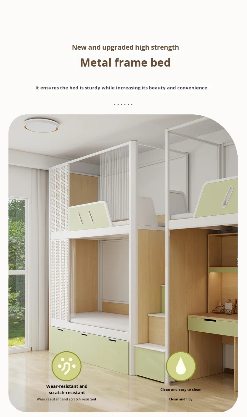 product modern three person iron frame bunk bed student dormitory apartment bed with desk-3