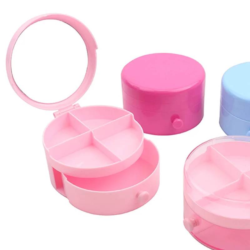 Small round Plastic Jewelry Box Organizer with Makeup Mirror Multifunction Hair Accessories Storage for Sundries