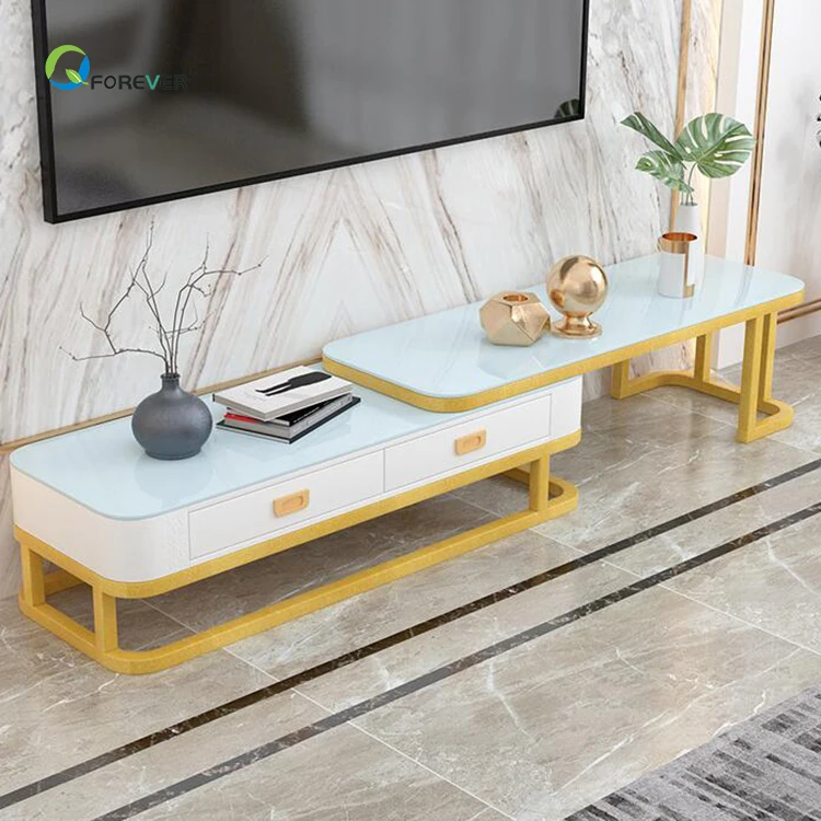 Modern Marble Pattern Multi-Function Tempered Glass TV Stand Furniture