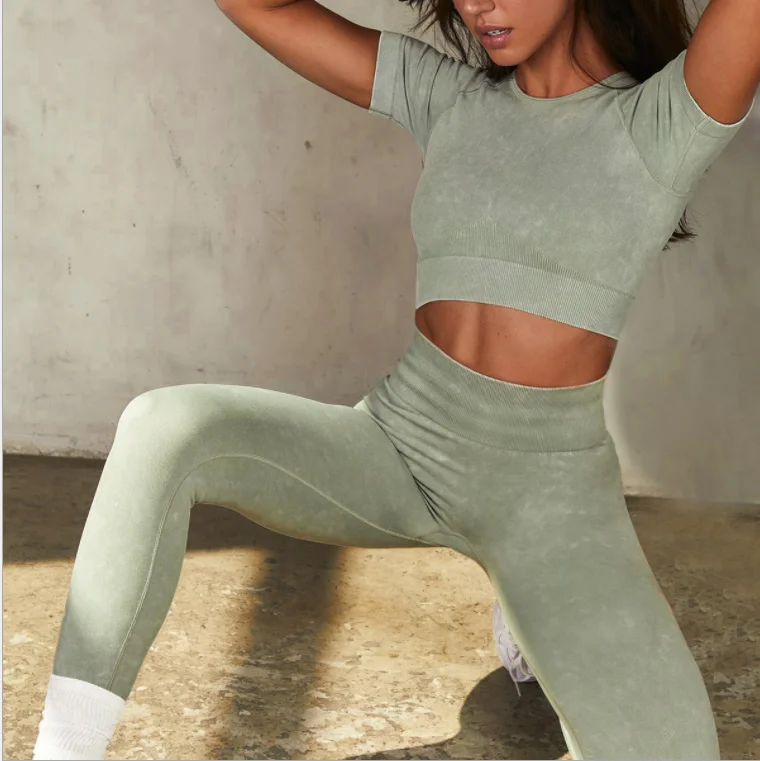 2022 Women 2pcs Seamless Acid Washed Yoga Set Custom Activewear  Sports  Gym Outfits Sets Women Fitness Set