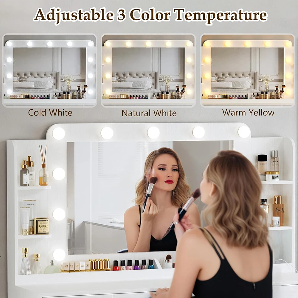 Bedroom Wood Large Makeup Vanity Desk with 5 Drawers 2 Cabinets and Shelves 3 Models Lights and Power Outlet supplier