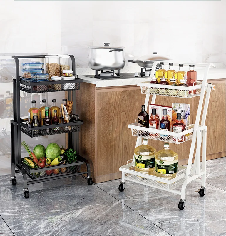 Folding Metal Utility 3-tier Kitchen Rolling Storage Rack Household Trolley Cart With Wine Basket