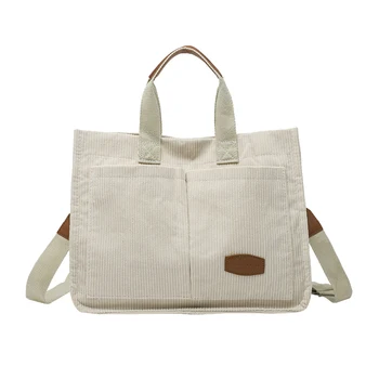 Simple Large Capacity Letter Patch Corduroy Bag, Lightweight Solid Color Satchel Bag, Versatile tote Bag