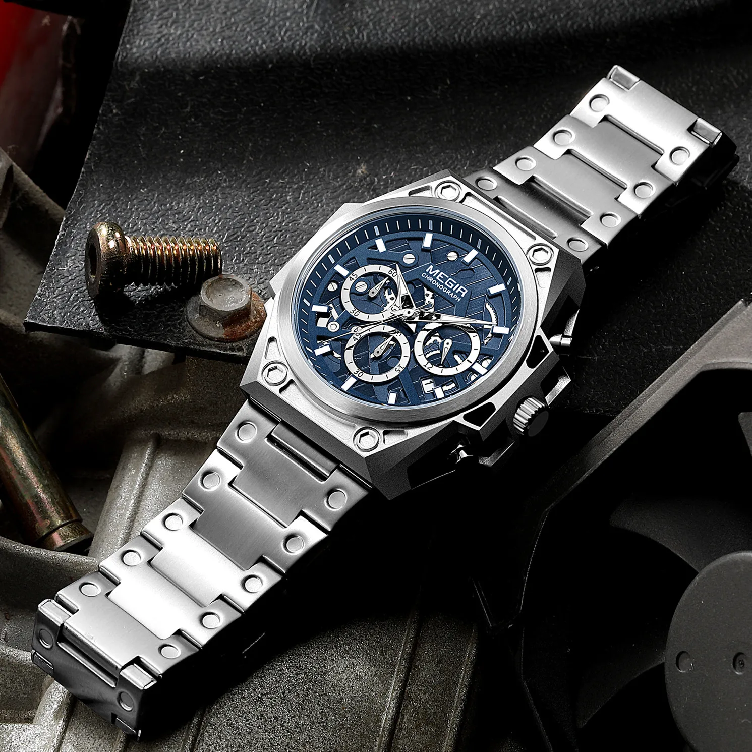 Fast Selling MEGIR 4220G Trendy Alta Qualidade Novo Design Personalizado Logo Chic Multifunções Quartz Watch Men Stainless Steel Band