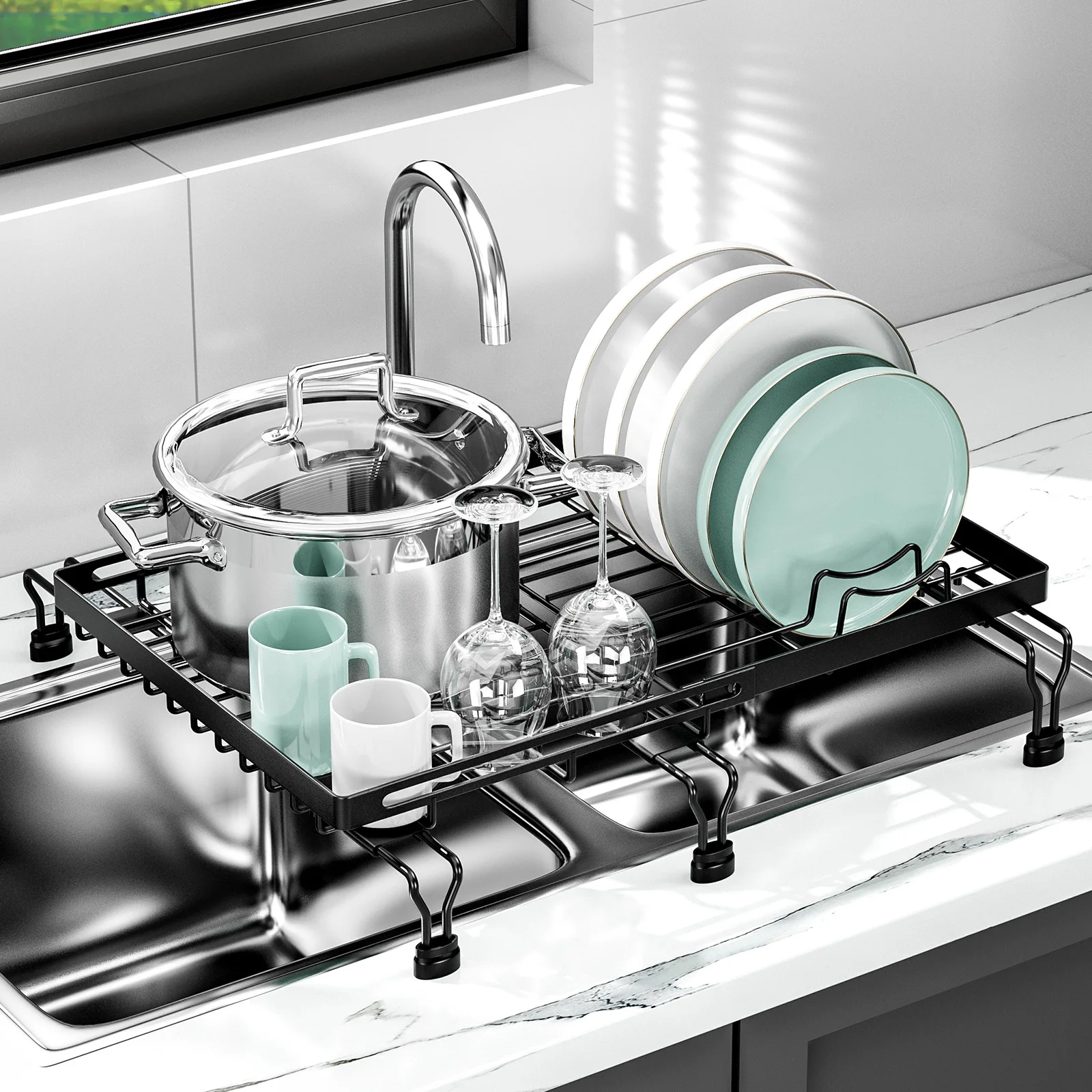 Kitchen Multifunctional Fruit and Vegetable Dish Drainer Storage Net Rack Two-way Telescopic Sink Drainage Mat