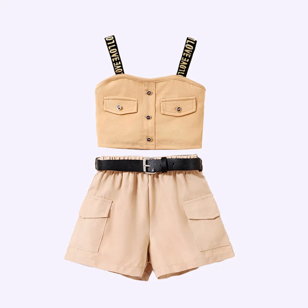 New arrival girls clothing sets fashion sleeveless vest tops+shorts+belt kids clothes boutique little girls summer outfits