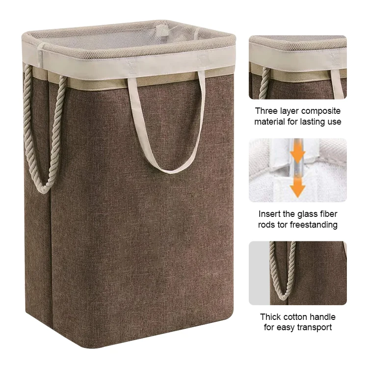 Folding Laundry Basket with Support Rods and Rope Handles Fabric Storage Basket Large Organizer Collapsible Dirty Clothes Hamper