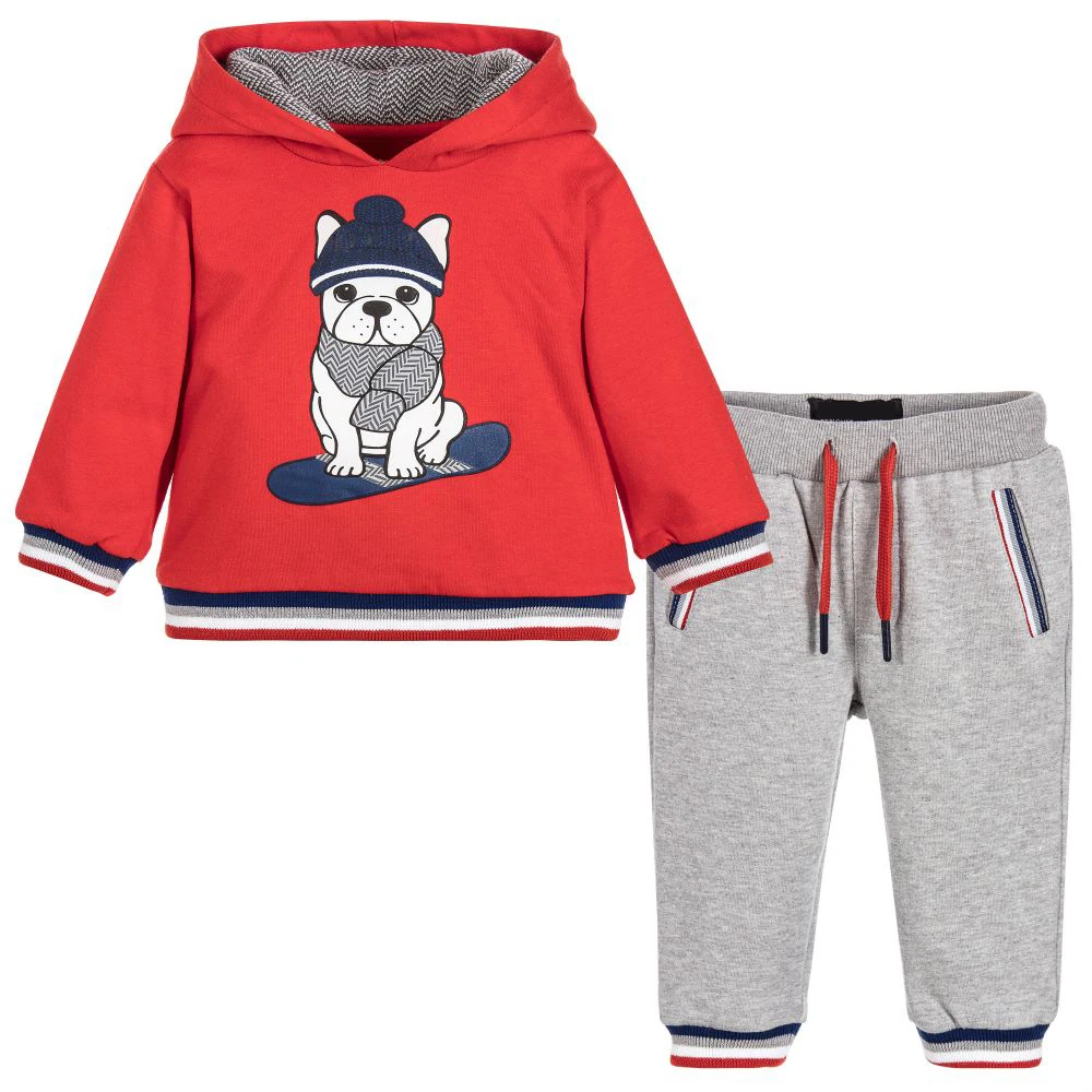 OEM/ODM customized factory kids hoodies set terry fabric cute dog printed pattern boy winter clothing sets