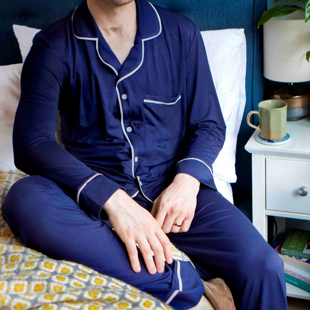 Customized bamboo/cotton mens nightgown navy long sleeve pajamas set wholesale