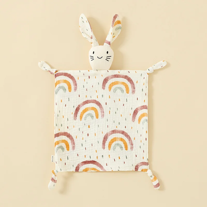 Bunny Lovey Blanket Cotton Muslin Bunny Security Blanket Soft Breathable Lovie Soothing Towel for Newborn and Infant