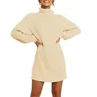 Women's New Solid Turtleneck Long Sleeve Casual Loose Soft Winter Pullover Sweater Dress In 2021