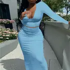 Long Elegant Skirt Deep V Neck Crop Top Long Sleeve Elegant Maxi Skirt Ladies Autumn Women 2 Piece Set