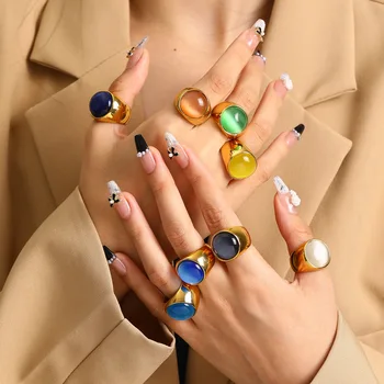 Nordic Fashion Stainless Steel Jewelry 18K Gold Plated Trendy Finger Rings Hip Hop Dainty Natural Stone Opal Rings