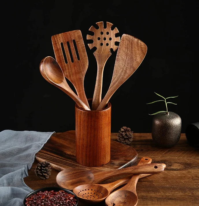 7 Pcs Teak Wooden Spoons Spatula Cooking Sold Non-stick Cooking Set Kitchen Cooking Set