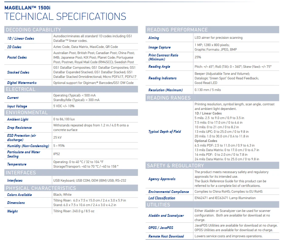 Datalogic Magellan 1500i usb 1d 2d bar code qr code portable hand held mini presentation barcode scanner w USB cable