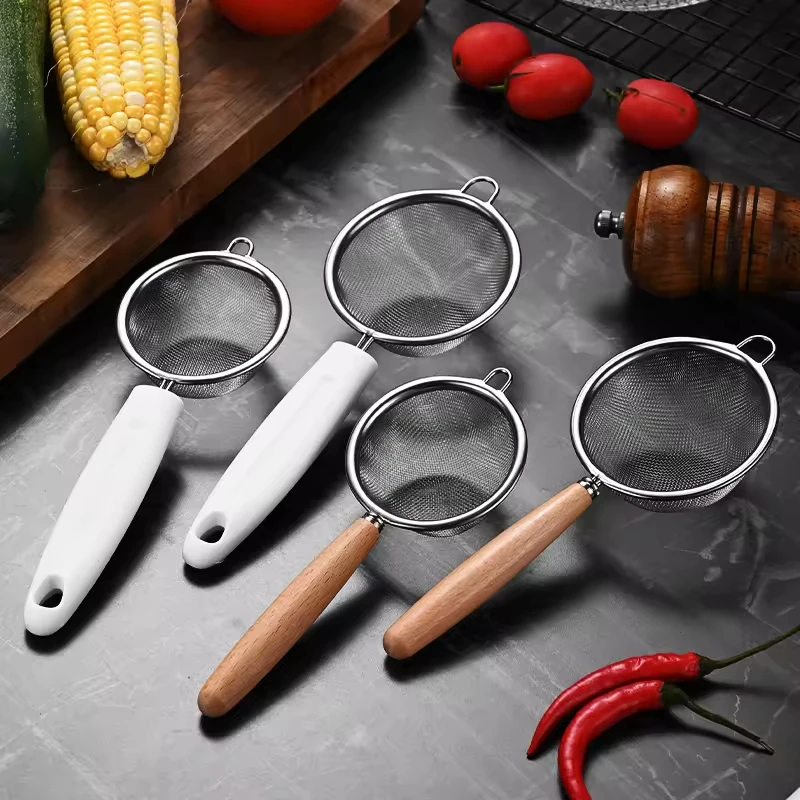 Wooden Handle Stainless Steel Small Colander Fine Mesh Oil Strainer Multi-function Filter Mesh Flour Sifter Kitchen Baking Tools