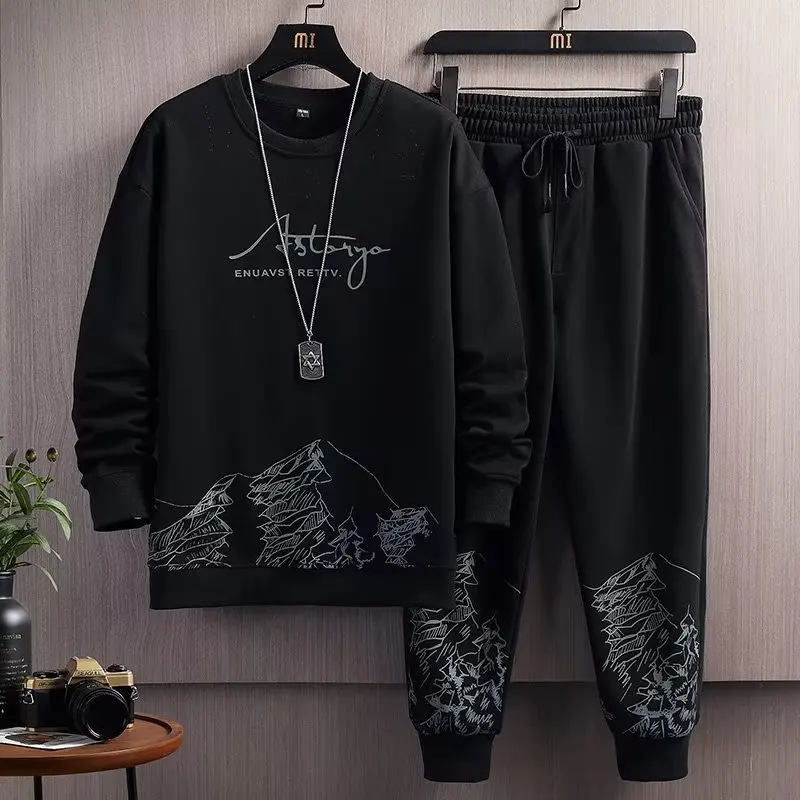 M-5XL Men Youth Printed O-neck Sweatshirt Tops + Long Pants Trackauits Sportswear 2 Piece Set Spring Autumn Casual Suit