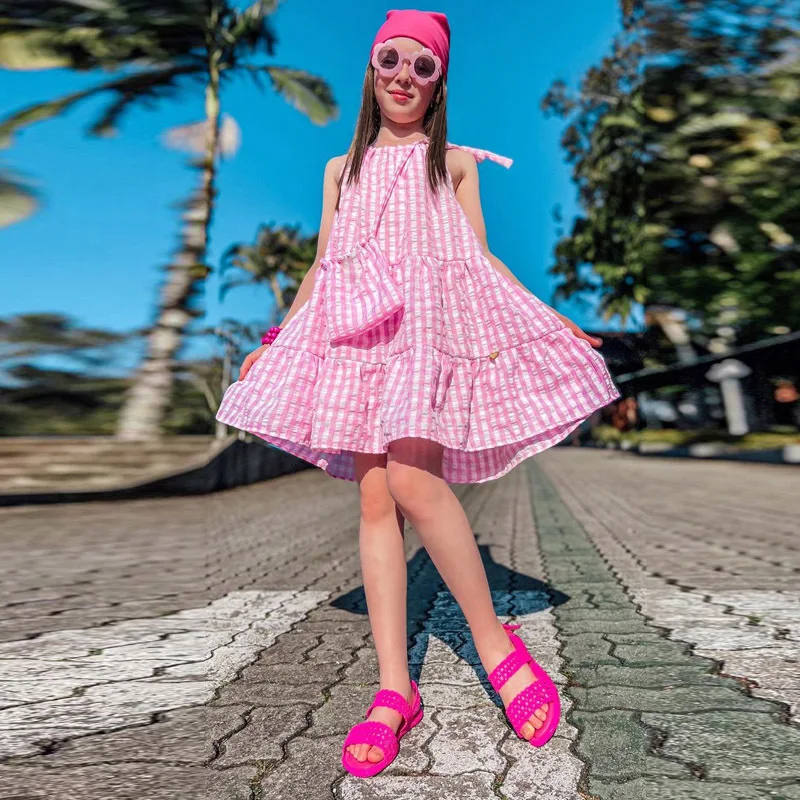 New fashion toddler girls dresses plaid pleated strap lace up ruffle A-line skirt boutique girls casual dresses for summer