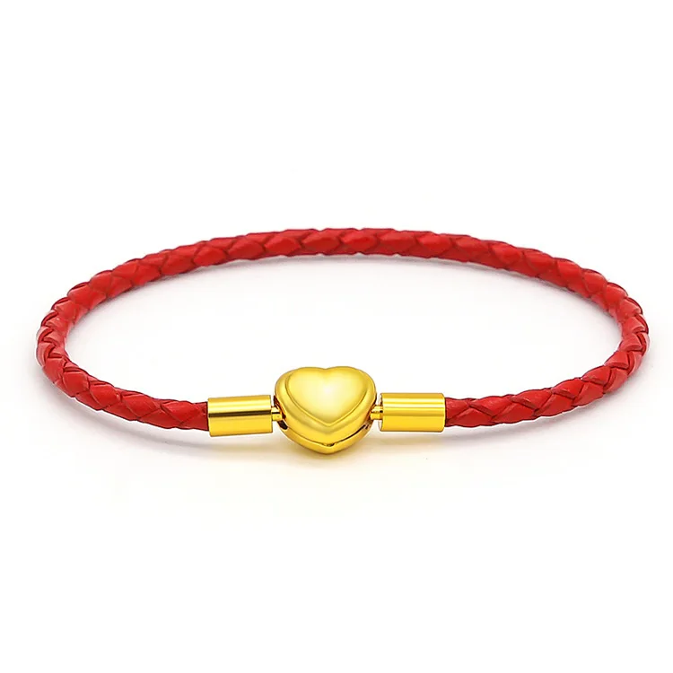 Custom stainless steel Diy Jewelry red rope leather bracelet gold heart buckle braided stringed 3D beads DIY ankle bracelet