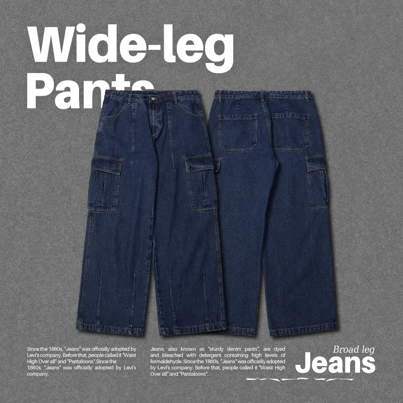 INFLATION Blue Big Pocket Button Denim Pants Jeans Men Straight fashion casual Carpenter Jeans
