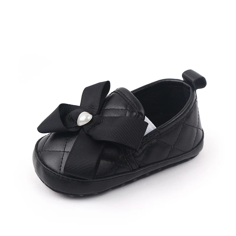 Soft Soled Big Bow Infant Shoes Diamond Check PU Leather Shoes 0-1 Year Old Baby Girls Walking Shoes factory