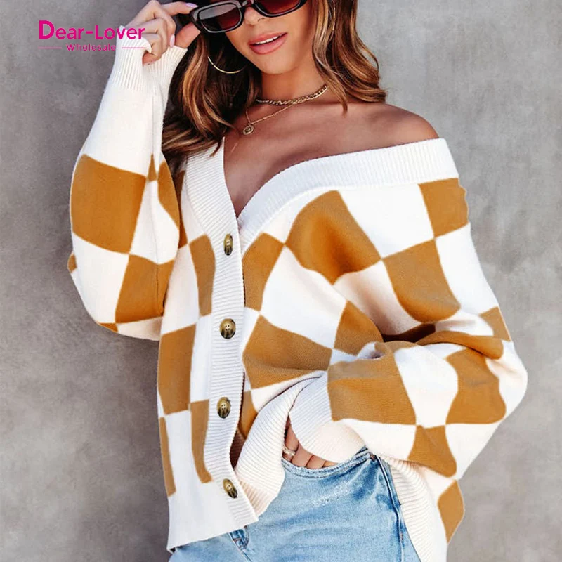 Dear-Lover Winter Brown Contrast Checkered Print Button Up Women Sweater Christmas Cardigan