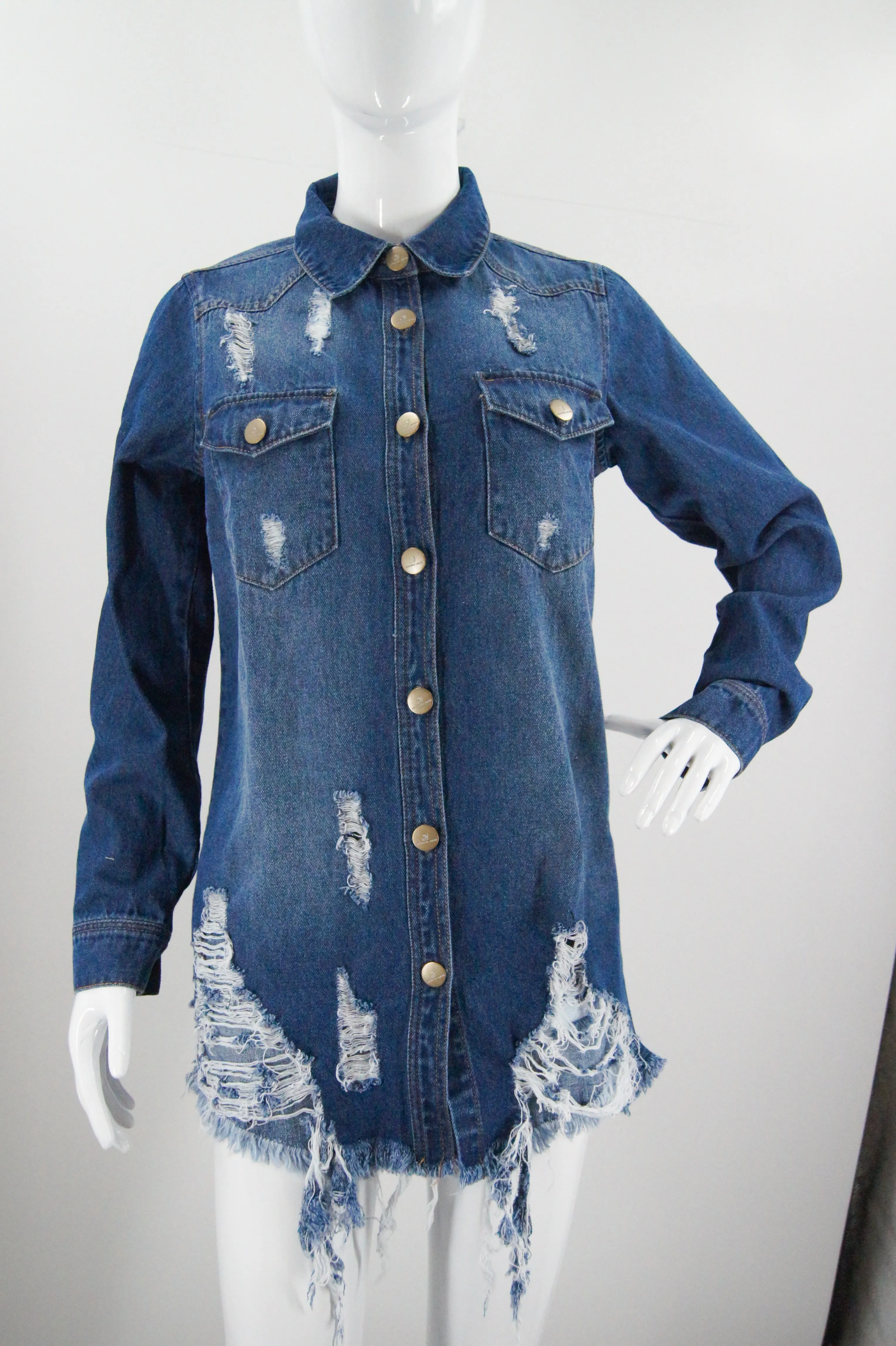 Hot Selling Women's Casual Long Sleeve Denim Shirts Loose Fit Ruffled Collar Solid Pattern Blouse Top Direct Wholesales factory