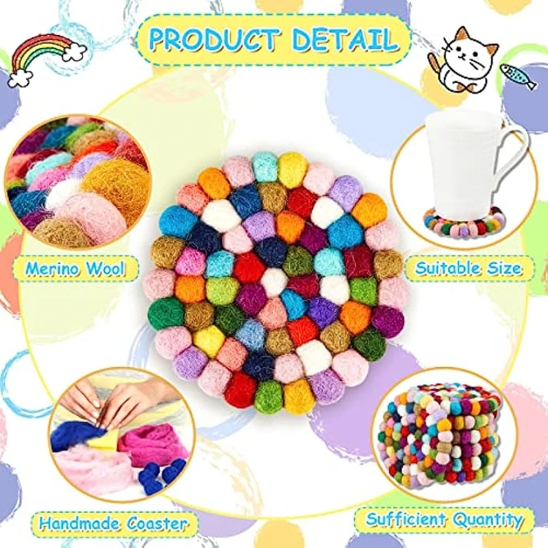 8 Pcs Round Felt Ball Coasters Wool Colorful Absorbent Coasters