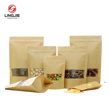LingJie Factory Supply Kraft Paper Pouch With Window And Zipper Standing Up Pouch bag For Food