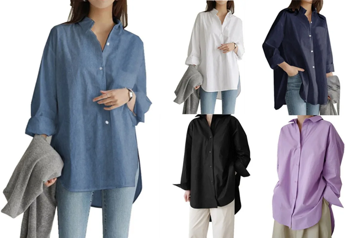 Fashion Denim Blue Shirts Women's Asymmetrical Blouse Casual Long Sleeve Blusas Female Button Down Tunic Loose Top supplier