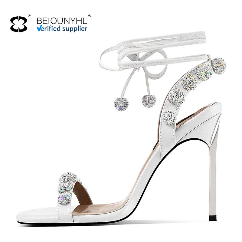 Woman Open Round Toe Rhinestone High Heels Lady Sexy Party Sandals Shoes Lady Silver Gladiator Thin High Metal Heel Sandals