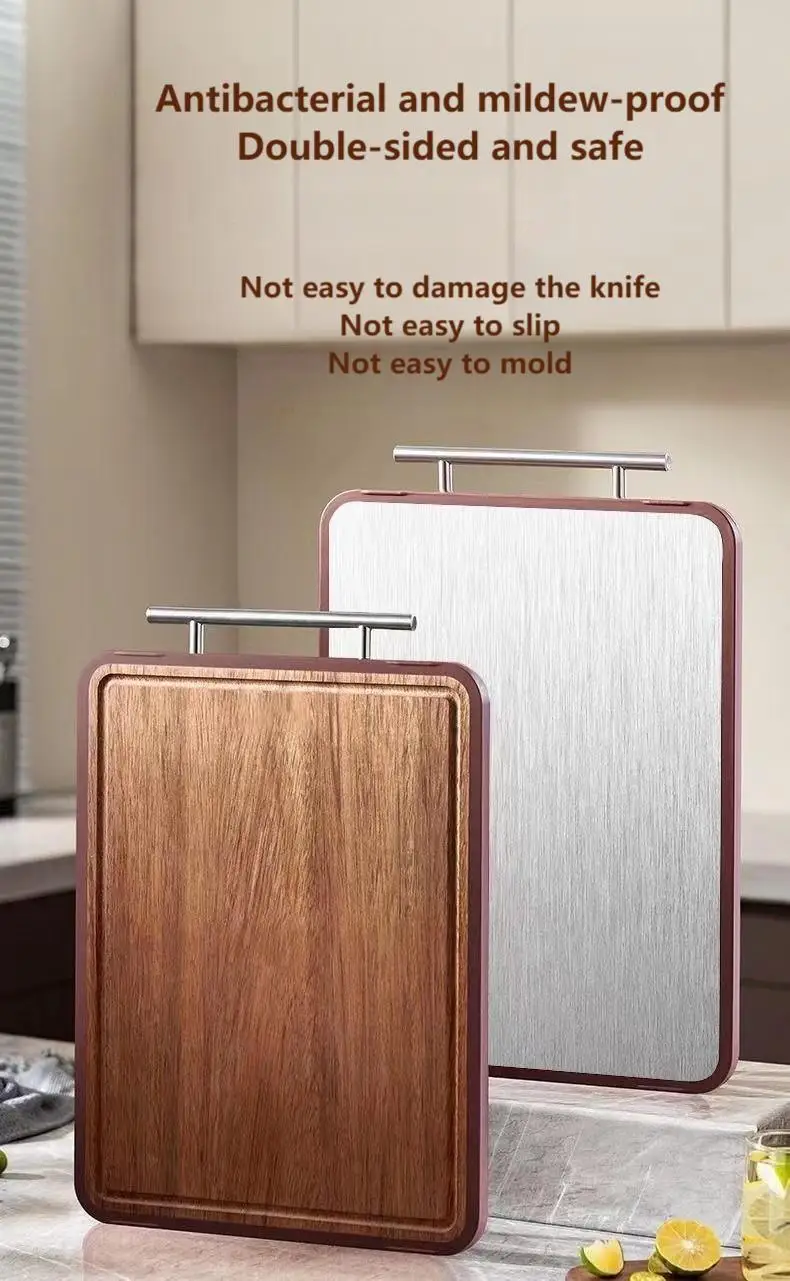 Kitchenware Bamboo Double Side Stainless Steel Chopping Board Block Wood Antibacterial Multifunctional Cutting Board with Handle