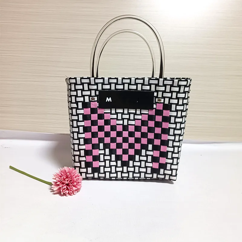 Environmentally friendly material pp belt hand-woven shopping bag beach bag patchwork color fashion