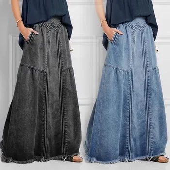 Plus Size Womens Maxi Skirts Black Denim Elastic Waist Casual Blue Jean Long Skirt
