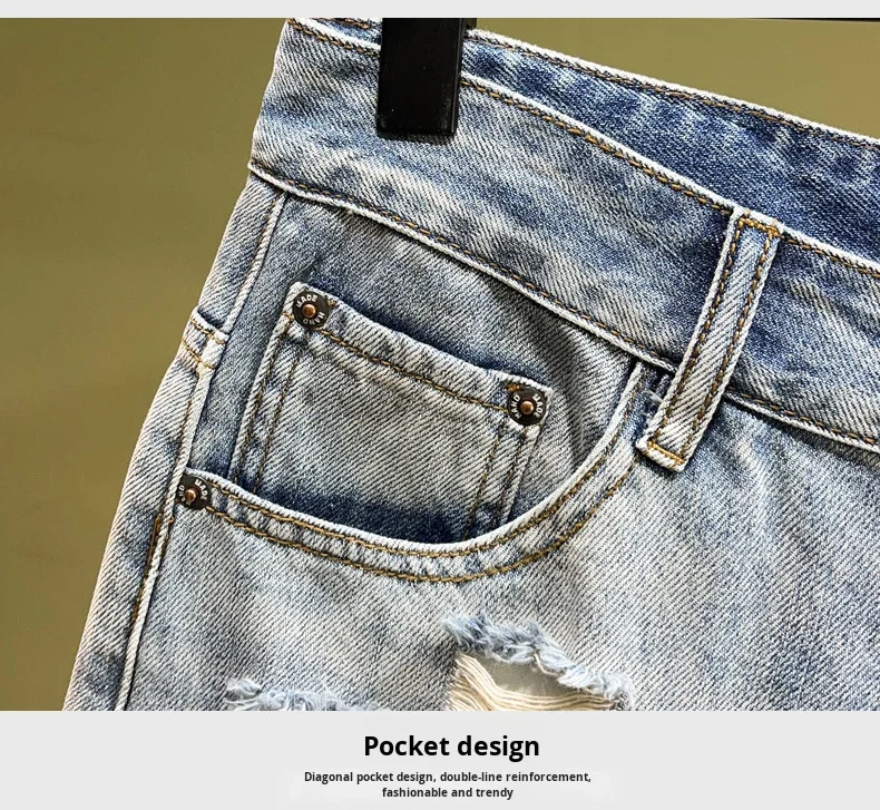 Vintage Personality High-End Distressed Ripped Nylon/Cotton Men's Trendy Slim Fit Stretch Straight Summer Casual Mid-Length manufacture