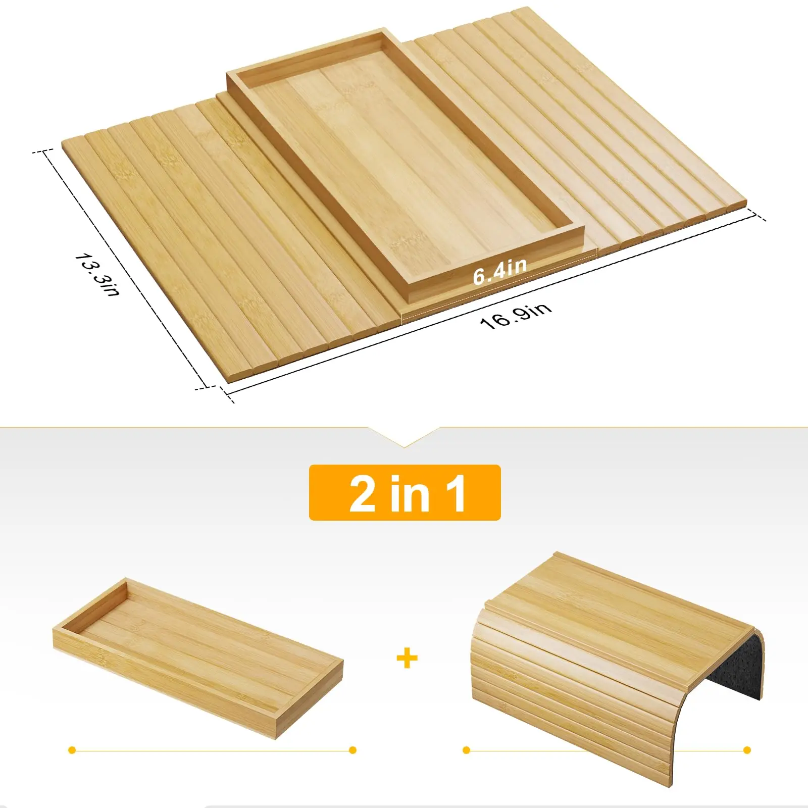 product 2 in 1 bamboo sofa armrest tray sliding detachable anti slip foldable frame beverage cup holder mobile tv remote storage tray-11