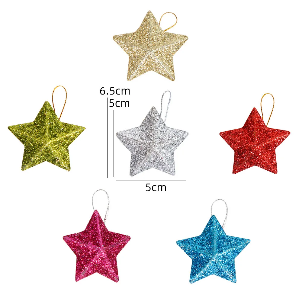 6 PCS glitter mini star pendant Christmas tree hanging ornament craft 5cm plastic for Xmas party home decoration accessories