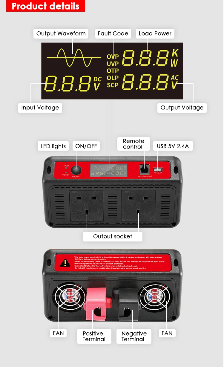 1000w 12v 24v dc to ac 240v 1000 watt off grid pure sine wave power inverter with dual UK socket