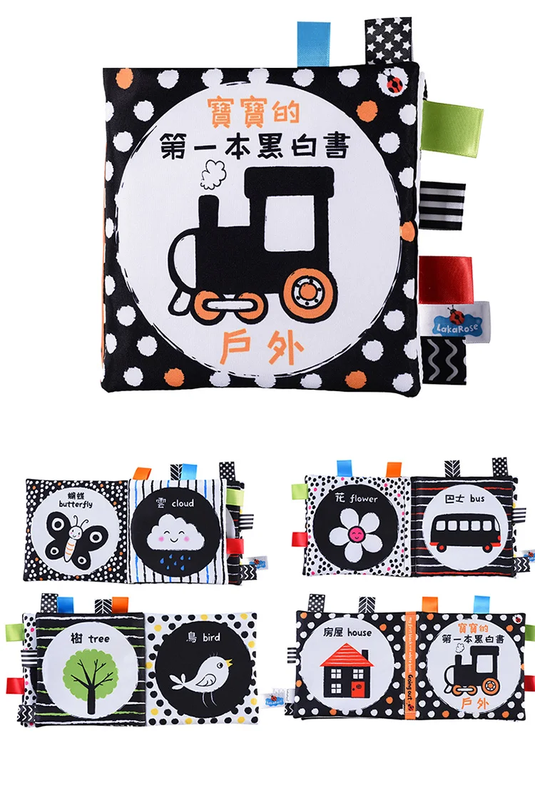 Baby's first black and white book with label cloth book baby education cognitive toys traditional + English l016