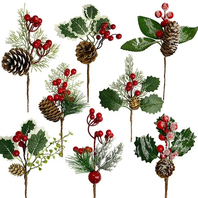 Artificial Pine Needles Red Berry Sprays Twigs Garlands Decoration Pine Cone Bell Artificial Flower Holly Branch Decor