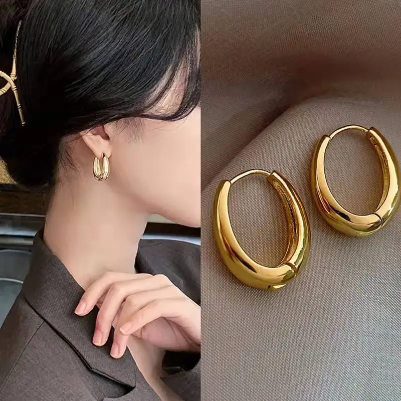 Ins Chic Geometric Small Circle Hoop Earrings Simple 14k Gold Plated Oval Hoop Earrings Wholesale Fashion Jewelry